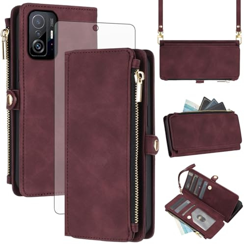 Asuwish Handyhülle für Xiaomi Mi 10T/Mi10T Pro 5G Hülle mit Band und Folie Schutzfolie RFID Kartenfach Klappbar Leder Blumen Geldbörse Ständer Mi10TPro M10T T10 M2007J3SG Hüllen Phone Case Dunkelrot