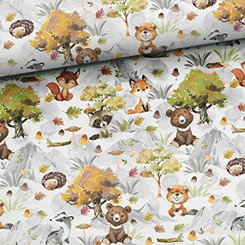 Keine Meterware, Stoffe zum Nähen für Kinder, 100% Baumwolle: 0,5m Premium Baumwollstoff - hochwertiger Kinderstoff mit Bären, Biber, Igel, Füchse, Waschbären, Dachs - Herbstliebe