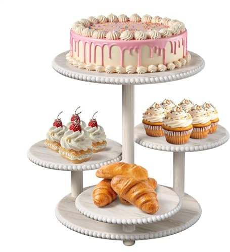 4 Etagen Boho-Stil Kuchen und Cupcake Ständer Kombi für 50 Cupcakes, rustikaler Holz Cupcake Turm Ständer weißer Cake Tier Ständer Desserts Muffin Donut Display für Hochzeit Geburtstag Babyparty