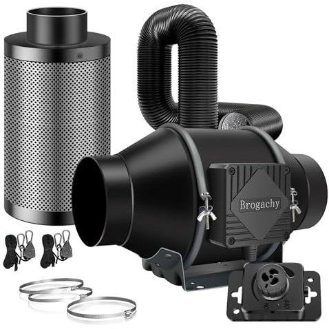 Brogachy Abluftset 100mm Rohrventilator 363m³/h,Dreiphasiger EC-Motor Lüftungsset mit Drehzahlsteller Aktivkohlefilter Schlauch Abluft Lüfter Growbox Belüftungssystem für Growbox Gewächshaus.