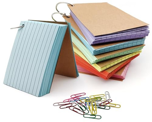 Karteikarten A8, 600 Stück Lernkarten 6 Farben Flashcards, Karteikarten A8 Linierte, Moderationskarten mit 6 Binderinge und 20 Büroklammern, Karteikarte Memory Karten für Schule Büro