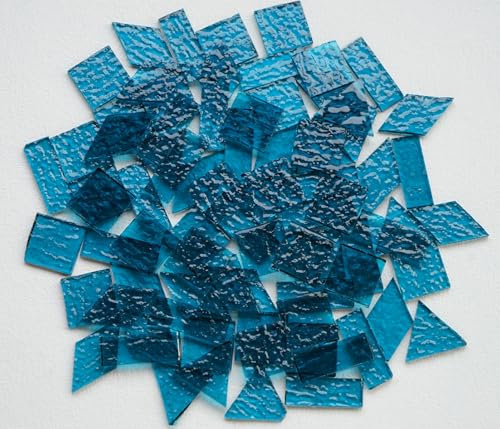 CHICSHIS Large Size Textured Transparent Glass Mosaic Tiles, 7.05oz Stained Glass Pieces for DIY Mosaic Crafts Bulk, 70pcs 4 Shapes Art Decor Mosaic Tiles, Turquoise Blue