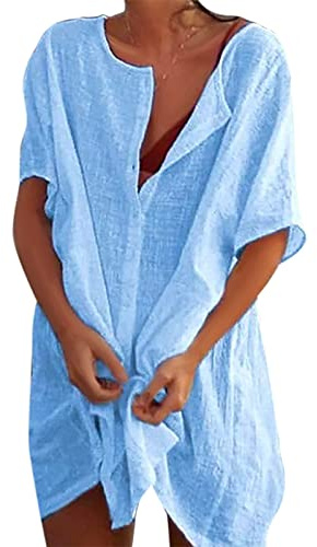 Svanco Women Beach Cover Up Cotton Swimsuit Coverup Long Beachwear Blue