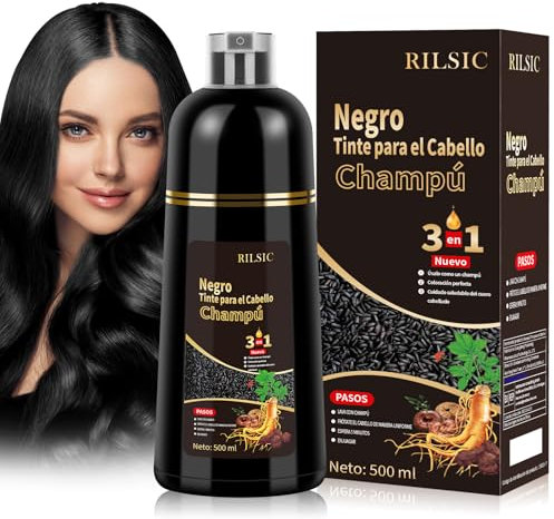 Black Hair Dye Shampoo 3 en 1,Shampoo Tinte Negro para Cabello, Champú para Cabello Negro Instantáneo Champu Colorante Tinte para Hombre y Mujer(500ml Negro)