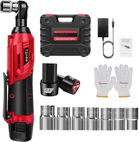 Cordless Ratchet Wrench, 3/8 12V Electric Battery Ratchet with LED Light, 7 Pcs Sockets, 2 x Li-Ion Battery and Fast Charger, 45N.m, 0-300 RPM, Impact Wrench Tool Kit