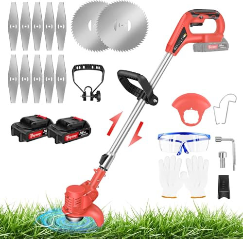 Garden Strimmer Cordless, Electric Grass Trimmer with 2PCS 1.5Ah Battery and 2 Types Blades, 90° Head Rotation, Lightweight Battery Strimmer Height Adjustable Metal Blade Strimmer for Gardens Lawns