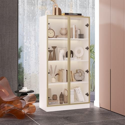 PREMTURE Display Cabinet with Glass Doors & 3 Color Lights, 4-Tier Curio Storage Cabinet, Glass Display Cabinet with Adjustable Shelves for Living Room Bedroom, White, 40 D x 80 W x 160 H cm