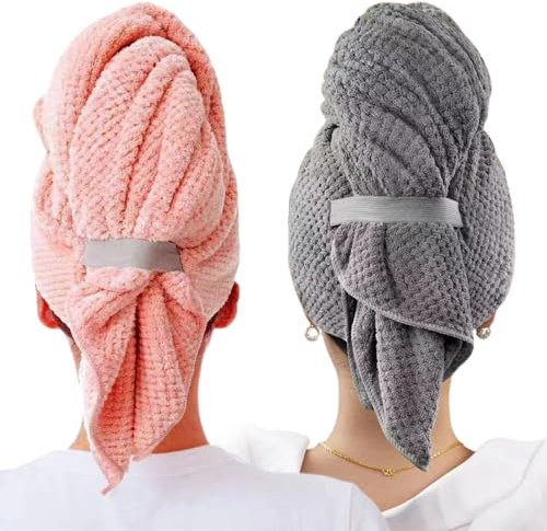 VARKAGE 2 Stück Mikrofaser Handtuch Haare, Microfiber Towel Hair mit Elastischem Band Handtücher Schnell Trocknend Haarturban (Grau+Rosa)