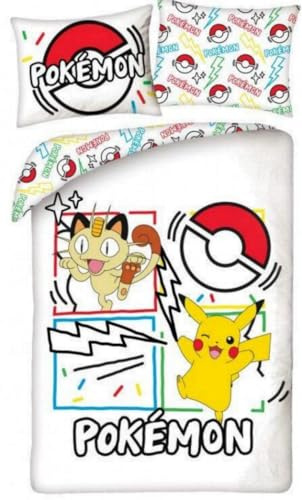 Pokémon Kinderbettwäsche 140x200 + Kissenbezug Pikachu Mauzi Mikrofaser | Wendebettwäsche Einzelbett | Mikrofaser weich schnelltrocknend Oeko-Tex | Pokémon Lizenz | 4-12 | Geschenk | Geschenkidee