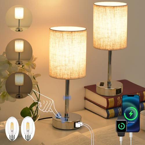 LSWZZ LED Tischlampe Touch Dimmbar 2er Set, Nachttischlampe vmit Ladefunktion USB A+C-Anschlüssen, Kleine Lampe für Nachttisch Schlafzimmer Wohnzimmer Babyzimmer Büro(Beige-2 Stück)