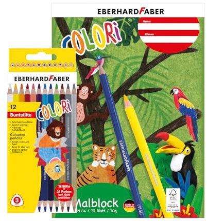 EBERHARD FABER 599044 - Malset Colori mit 12 Buntstifte und Zeichenblock DIN A4, 75 Blatt 70 g/m² Papier