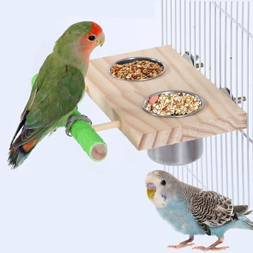 Bird Feeding Dish Cups, Stainless Steel Bird Feeding Bowl for Cage, Hanging Parrot Cage Feeder & Water Bowl with Wooden Platform for Parakeet Cockatiels Budgie Finches
