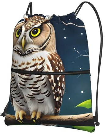 SMAZDFXX Rucksack mit Reißverschluss und Kordelzug, Motiv: Eule in der Nacht, Bildqualität, geeignet für Freizeitaktivitäten im Freien, 38,1 x 46,7 cm (L x H), Schwarz, Einheitsgröße
