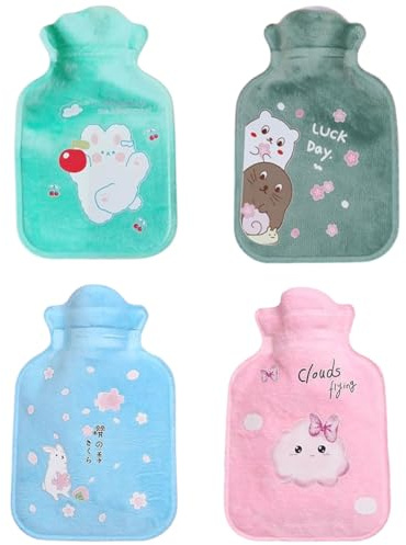 4PCS Mini Wärmflasche, Wärmflasche Klein, Kleine Wärmflasches, Mit Niedlichen Motiven, 300 Ml Kleine Wärmflasches für Kinder und Erwachsene, Ideal Als Handwärmer, Perfekt für Reisen und Kalte Tage