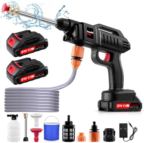 Bellanny Nettoyeur Haute Pression sans Fil, 60Bar 215L/H Pressure Washers | 21V 1500W Pistolet Portable avec 2*2Ah Batteries, 2 Buses(0°40°), 5m Tuyau,Connecteur,Mousse,Adapté, pour Cour, Voitures,Sol