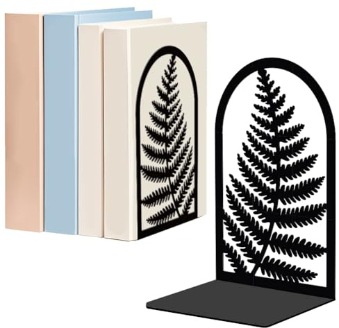 WADORN 1 Pair Palm Leaf Metal Bookends for Shelves Decorative, Tropical Plant Heavy Duty Metal Decorative Book Ends Non-Skid Black L-Shaped Book Stopper for Library Home Office Desk, 5.3x4.3x7.9 Inch