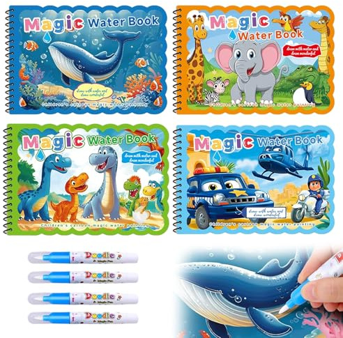 Pluvyze 4 Stück Größe 24 * 16cm Magisches Malbuch Wasser, mit 4 Stück Wasserstifte Wiederverwendbar Malbuch mit Wasserstift Magic Water Colouring Book (Tierwelt+Unterwasserwelt+Dinosaurier+Transport)
