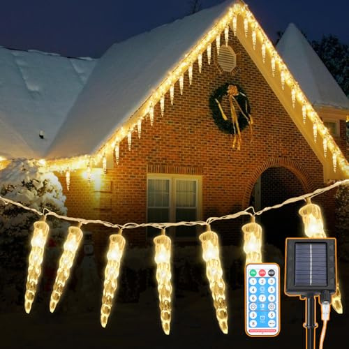 Jaxguom Solar Eiszapfen Lichterkette mit Fernbedienung, 10M, 80 LEDs, 8 Modi & Timer für Warmweiß Außenbeleuchtung, Ideal für Weihnachtsdeko, Garten & Hochzeit