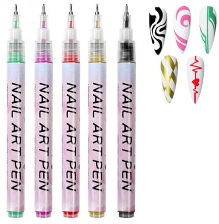 SHEBEEDO 5PCS 3D Nail Art Pens Set, Nail Graffiti Drawing Pen 5 Color Quick Dry Nail Polish Pens Fine Tip Manicure Tools for Painting Nails, DIY Nail Art Beauty Adorn for Women Girls（0.5MM）
