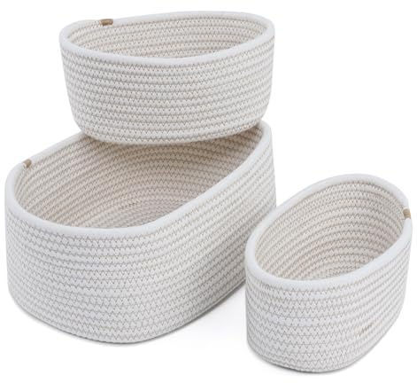 OTraki Cestas Almacenaje Tejidas con Cuerda de Algodón Juego de 3, Cesta Setas, Cestas Organizadoras para Salones, Armarios, Juguetes y Baño (Blanquecino)