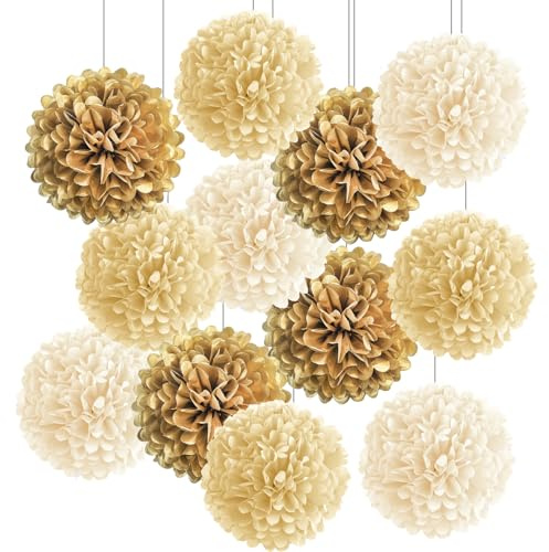 12 Stück Seidenpapier Pompons Beige Gold, Hängende Papier Pompon Papierblumenkugeln Papier Pom Poms Creme Blumen Ball Dekorpapier für Geburtstag Hochzeit Babyparty Gartenparty Deko
