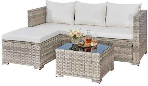 Aweather 3 Pcs Rattan Garden Furniture Set - 4 Seater Outdoor Corner Sofa, All-Weather Handwoven PE, Small Patio Conversation Set with Washable Cushions & Coffee Table, Outdoor Patio Furniture