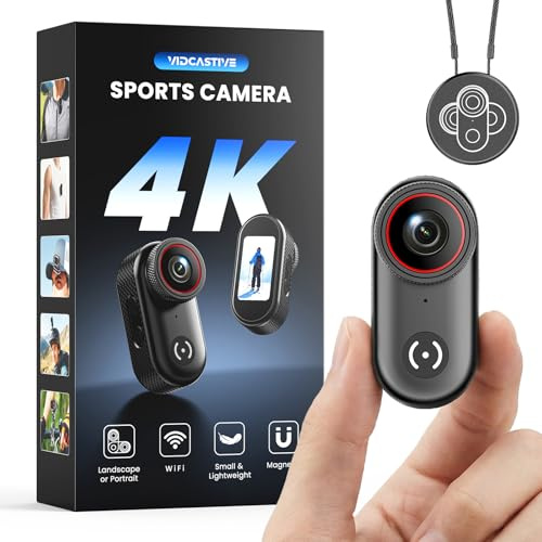 VIDCASTIVE 4K Mini Body Camera Wearable POV Action Cam with 1.47 Screen, 150-Min Battery, Magnetic & Clip Mount – Thumb-Size Sports Camera for Work, Travel, Pets and More (64 GB)