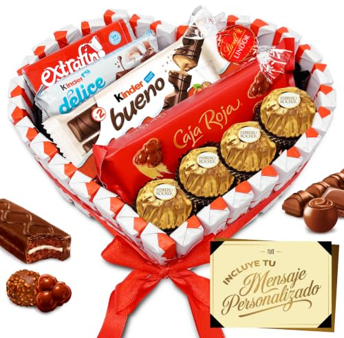 Überraschungsherz zum Valentinstag mit über 40 Pralinen & Schokoladen – Ferrero Rocher, Lindt Pralinen, Caja Roja, Kinder – Personalisierte Karte & Geschenkpräsentation