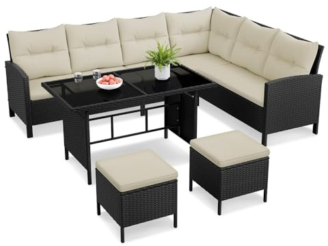Yaheetech Polyrattan Lounge inkl. Ecksofa, Esstisch, 2 Hocker & Kissen bis 7 Personen, Wetterfest Gartenmöbel Set Rattan Sitzgruppe Gartenlounge Essgruppe für Garten Balkon Terrasse, Schwarz & Beige