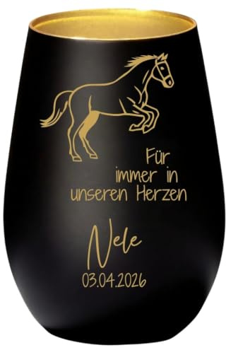 Andenken an verstorbenes Pferd, 9 MOTIVE, Erinnerung Pferd personalisiert, Trauerlicht mit Spruch, Trauerkerze für Pferde, Geschenk Pferd gestorben (schwarz, Motiv 3)