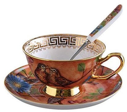 Eplze YBK Tech Euro Style Cup& Saucer Set, Bone China Teacup Coffee Cup for Breakfast Home Kitchen- Birds and Trees Patterns (Orange)