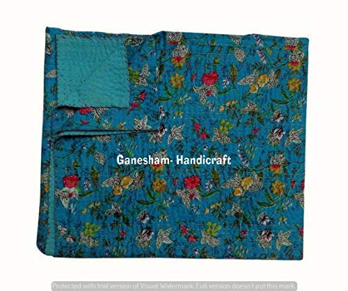 GANESHAM Indische handgemachte Hippie-Tagesdecke mit floralem Muster, aus Baumwolle, King-Size-Bett, Kantha-Bettwäsche, 228 x 274 cm