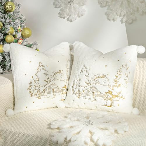 Lewondr Weihnachten Kissenbezug, 45x45cm, 2 Stück, Weiß | Weiches Kunstfell, Plüschball, Bestickt Baumhaus Schneemann, für Bett Wohnzimmer Dekor