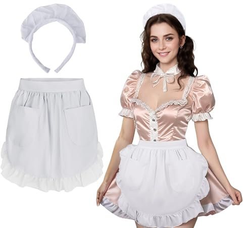 aspire Weiß Halbschürze mit Rüschen Damen Schürze Vintage Kellnerschürze Taillenschürze und Stirnband Set