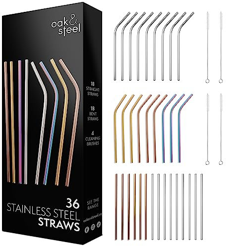 Oak & Steel - 36 Pailles en Acier Inoxydable & 4 Brosses avec Boîte-Cadeau (4 Couleurs) - Écologiques, Réutilisables & Lavables au Lave-Vaisselle