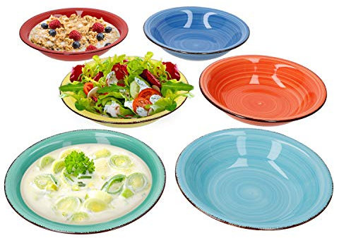 MamboCat Colour Power Capri 6er Suppen-Teller-Set bunt I Robustes Steingut-Geschirr-Set für 6 Personen I Retro-Design - buntes Geschirr in 6 tollen Farben I große Tiefe Teller farbig Ø 21 cm 6 Stück