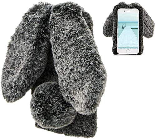 LCHDA Plüsch Hülle für iPhone SE 2. Generation/iPhone 8/iPhone 7(4.7) Flauschige Hasen Fell Handyhülle Mädchen Süße Künstlicher Kaninchen Niedlich Hasenohren Schützend Stoßfest Silikonhülle-Schwarz