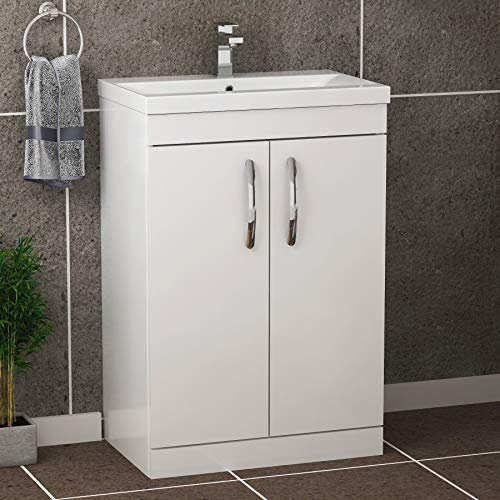 Royal Bathrooms Turin Gloss White Floor Standing 2 Doors Vanity Cabinet Unit and Mid Edge Sink Basin - 600mm