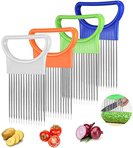 Onion Slicer- 4 Pcs Potato Chips Slicer Stainless Steel Onion Holde Ultra-thin Potato Cutter Slicer Vegetable Tomato Lemon Meat Fork Slicing for Kitchen (4 Colors)