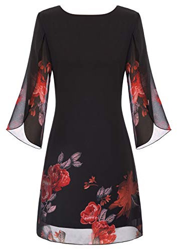 Damen Sommer Chiffon Kleid 3/4 Ärmel Loose Fit Elegant Midi Abendkleid XL Schwarz rot CL11125-23