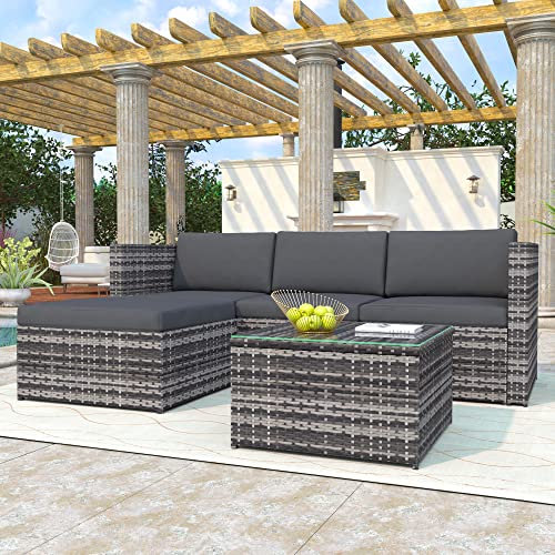 Polyratten Lounge Gartenmöbel Set 5 Teilig Sitzgruppe für 3-4 Personen mit Kissens Grau