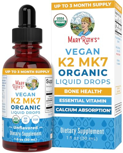 MaryRuth’s USDA Organic Vitamin K2 MK7 Liquid Drops for Adults & Kids | Sourced from Natto | Menaquinone- 7 | Vegan K2 Vitamin for Bone Health & Calcium Absorption | 1oz | Up to 90 Servings