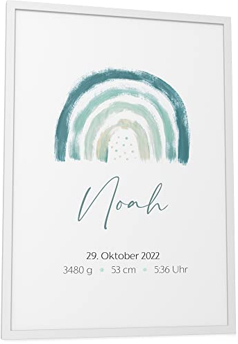 Papierschmiede® Geburtsposter, Name & Geburtsdaten personalisiert, DIN A3 (30x42 cm) Rahmen wählbar, Geburtsposter, Geburtsanzeige, Baby Geschenk Bild Geburt Jungen Mädchen - Regenbogen grün