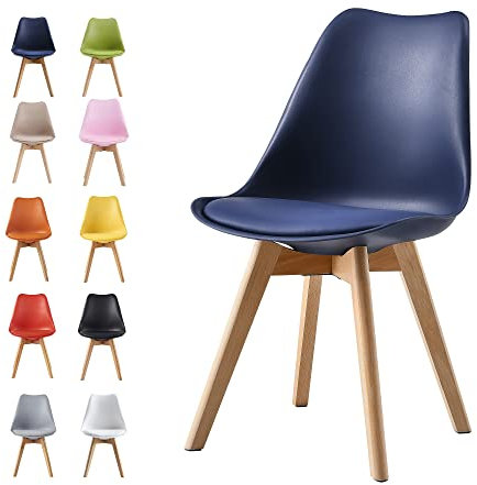 mcc direct Dining Chairs Wooden Legs Soft Cushion Pad Stylish DELUXE Retro Lounge Dining Office EVA (Blue)