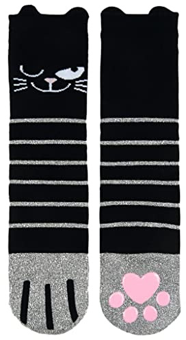 moses. Women's ED Glitter Non-Slip Sole, Cute Cat Stopper Socks, Black, Silver, Pink, 3-8