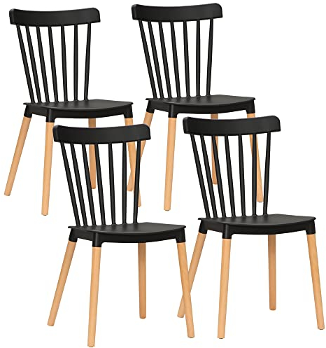 HOMCOM Juego de 4 Sillas de Comedor Estilo Nórdico Sillas de Cocina con Respaldo Alto Asiento de Polipropileno y Patas de Madera de Haya Carga 120 kg 48x52,5x83 cm Negro