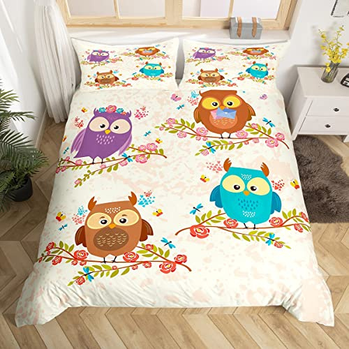 Eule Bettwäsche Set 135x200 Kawaii Eule Tröster Abdeckung Cartoon Tier Bettbezug für Kinder Niedliche Blumenzweige Steppdecke Vogel Muster Bettdecke Abdeckung Schlafzimmer Dekor Geschenk, Bunt