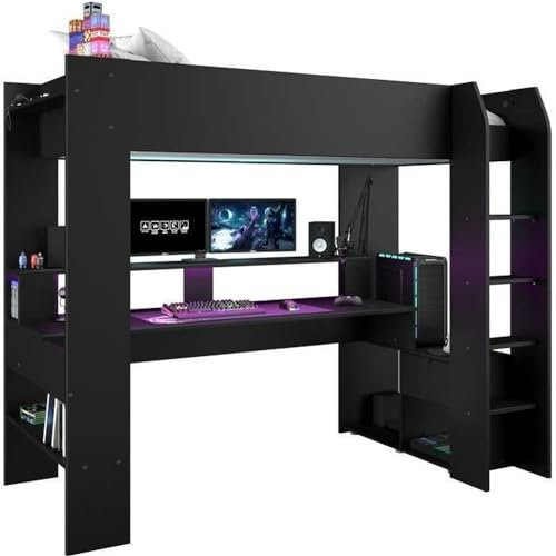 Parisot Lit Mezzanine Combine Enfant LED Gamer Online - 90 x 200 cm - Noir Mat - Sommier Inclus