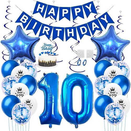 Daimay 10. Geburtstag Dekorationen Blau Geburtstagsdeko Mann Frauen Happy Birthday Banner Konfetti Luftballons Nummer Folienballons Stern Mylar Ballon Tortendeko für 10 Jahre Geburtstagsdeko