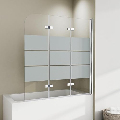 Duschwand für Badewanne 3-teilig 120x140cm Faltbar Gestreift Duschtrennwand, Glas Faltbar Duschabtrennung Dreiteilig Badewannenwand aus 6mm ESG Sicherheitsglas, Wannenfaltwand Glastrennwand
